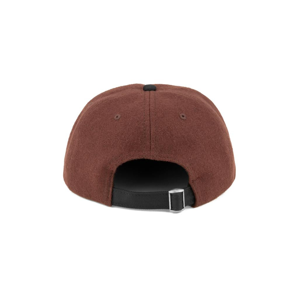 The Cinema Stack Melton Wool Cap showcases a back view with retro embroidery, highlighted by its brown hue. It features a sleek black adjustable strap and a metal buckle.