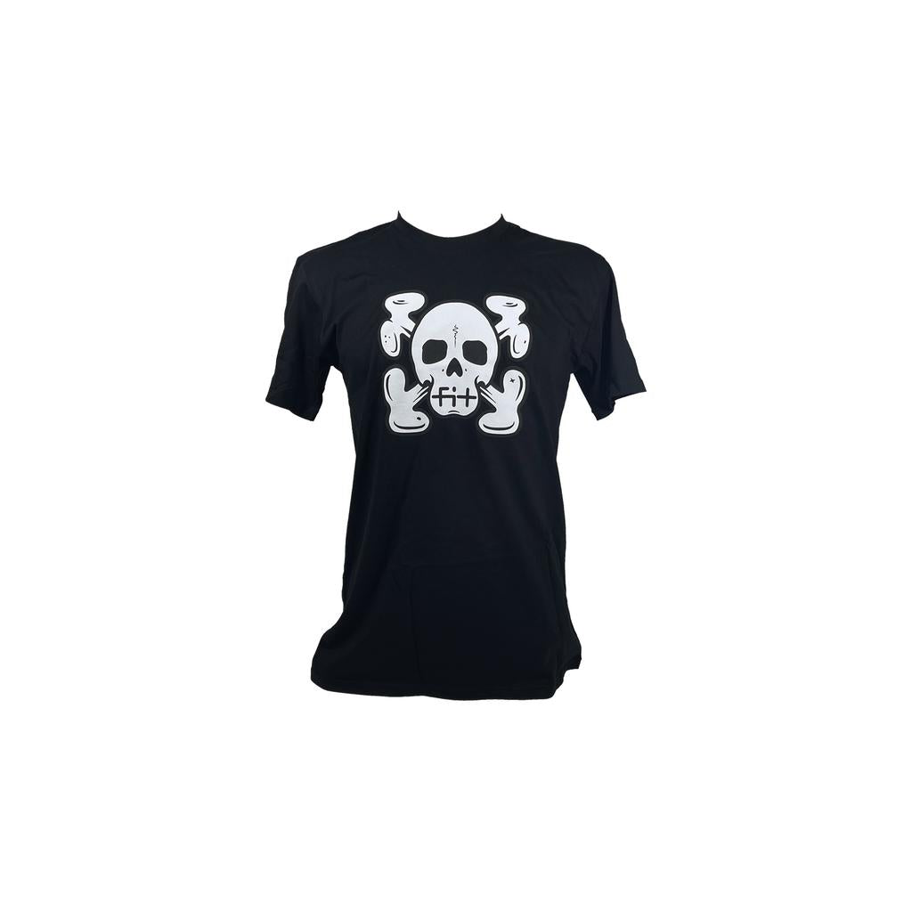 The Fit Bike Co Skull T-Shirt is a black tee made from 100% combed cotton, featuring a white skull and three cartoon-like ghosts design, printed in the USA.