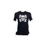 The Fit Bike Co Skull T-Shirt is a black tee made from 100% combed cotton, featuring a white skull and three cartoon-like ghosts design, printed in the USA.