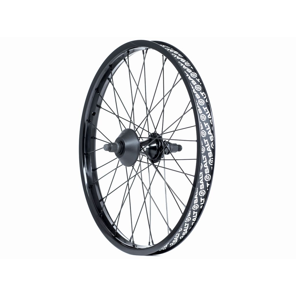 A black Salt EX Cassette Rear Wheel with white lettering on the Salt Valon rim, featuring multiple spokes and a central hub. The wheel is positioned upright against a plain white background.