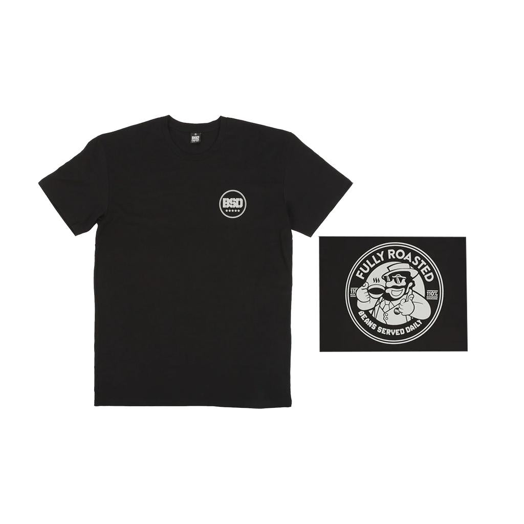 The BSD Fully Roasted T-Shirt is black and features a small circular chest logo and a large back graphic with a person holding coffee, plus the text "Fully Roasted" and "BSD.