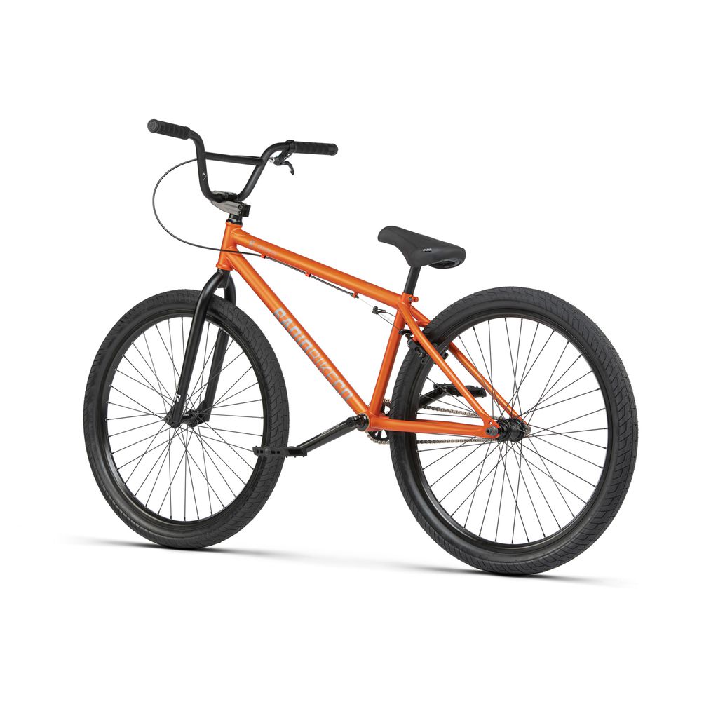 An orange Radio 26 Inch Ceptor Bike with black handlebars, seat, and tires, featuring sealed bearings for a smoother ride, viewed from a side angle.