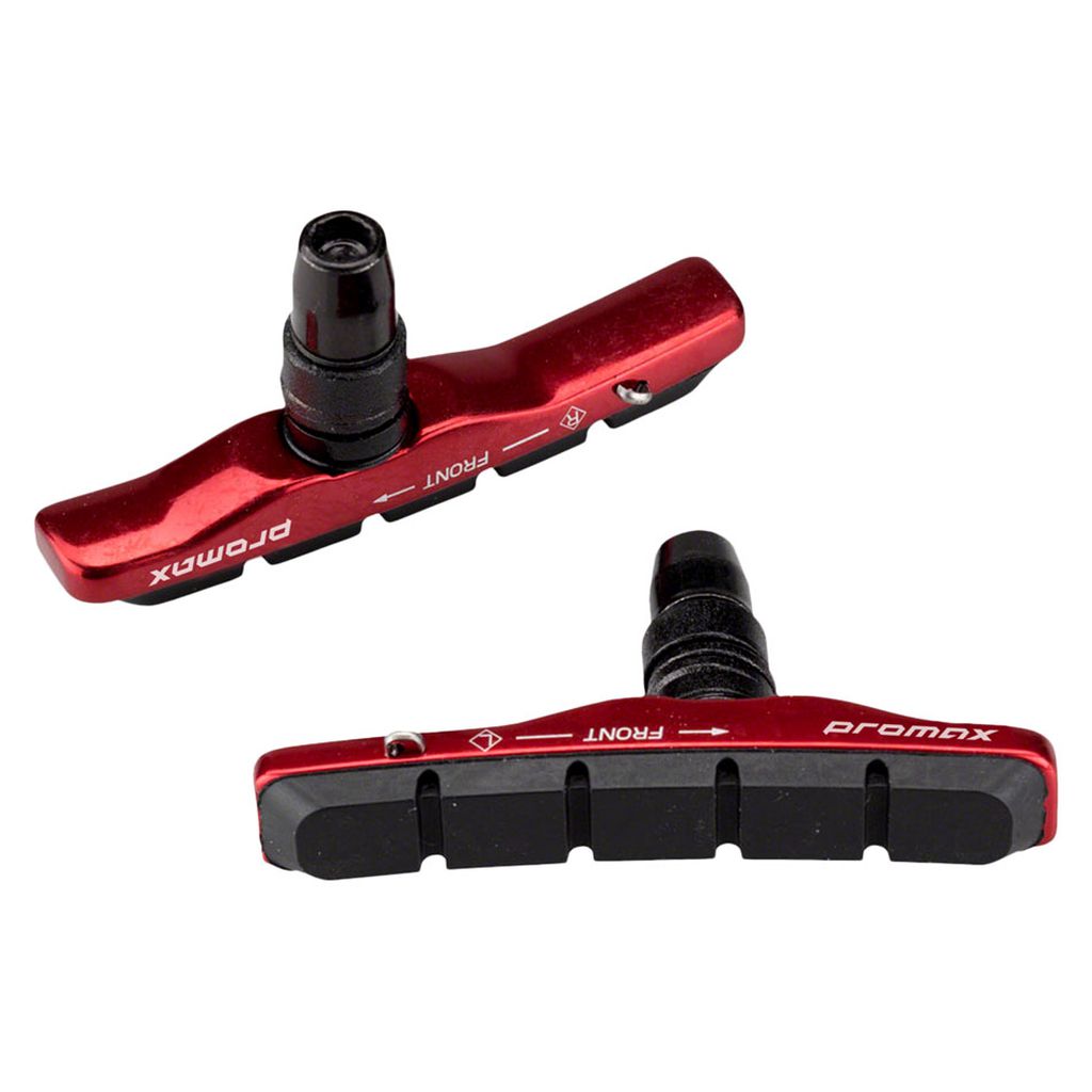 Close-up of the red Promax B-1 Cartridge Brake Pads featuring black rubber braking surfaces, displayed in both top and side views. Each pad in these V-brake sets includes printed "Front" labels and directional arrows to guide correct installation.