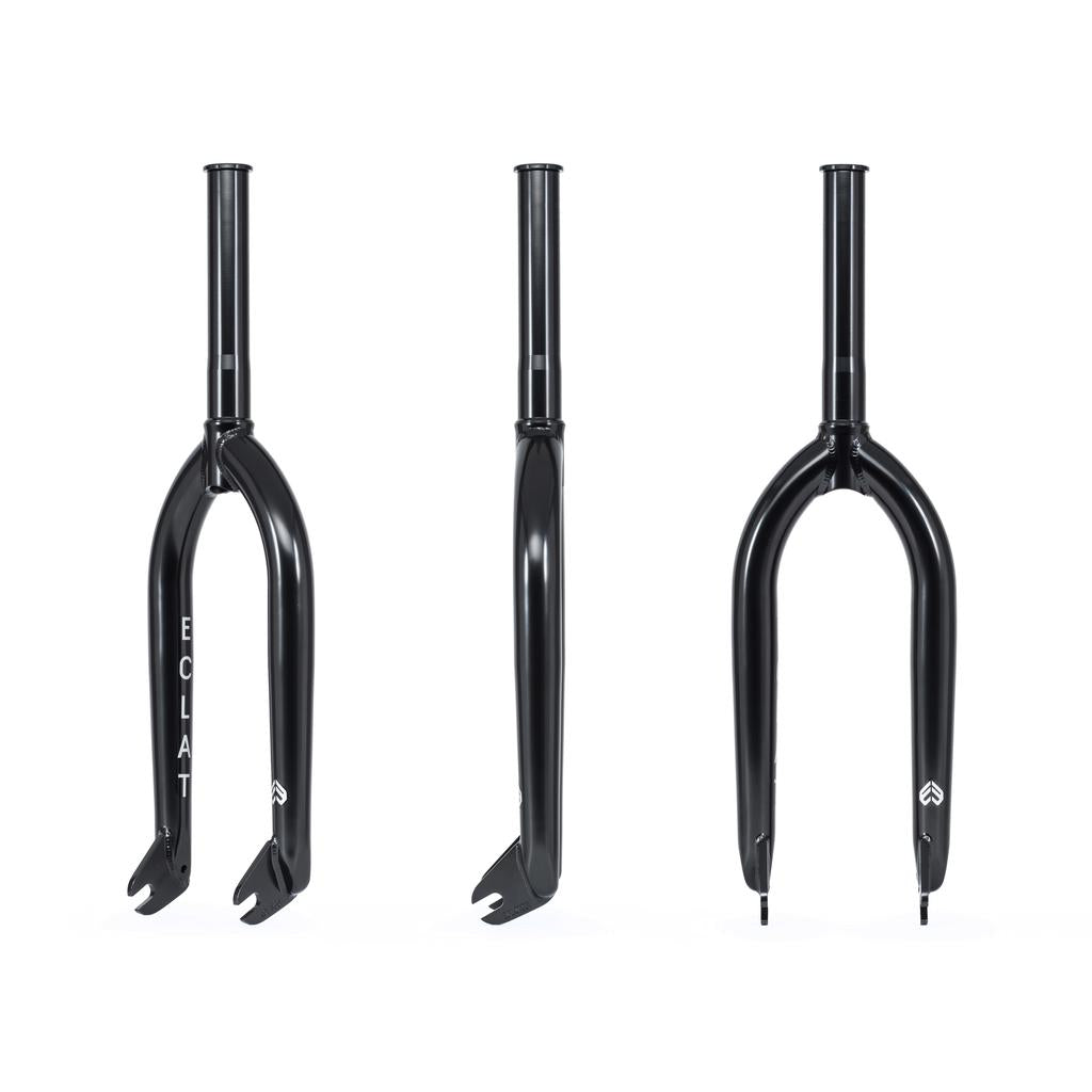 Three Eclat Storm Forks, famed as the strongest street forks, are displayed against a white background, showcasing front, side, and back views in black.