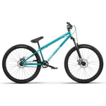 The Radio 26 Inch Asura Bike boasts a turquoise color with black handlebars, seat, and wheels. It features a robust chromoly steel frame and a front suspension fork, equipped with thick all-terrain tires ideal for off-road biking.