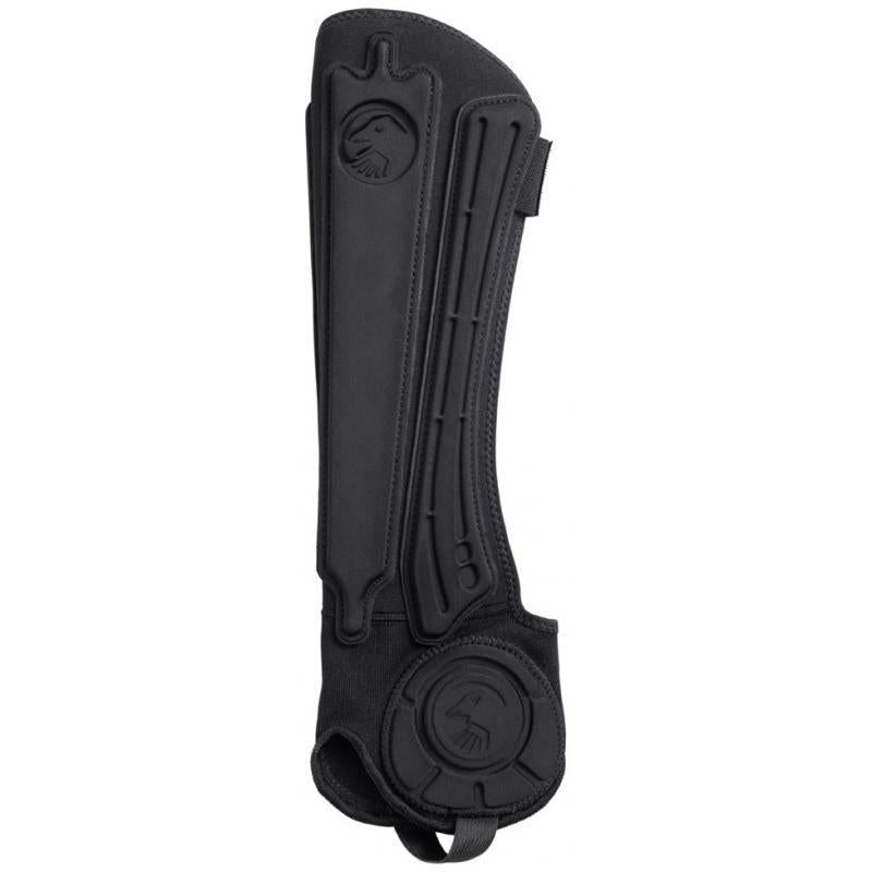 The Shadow Invisa-Lite Shin/Ankle Pad Combo (Youth) is a black protective leg guard for horse riding, featuring a strap, 3D impact foam, and an embossed logo.