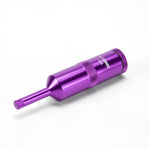 Purple aluminum tool with a knurled grip and hexagonal tip, featuring the label "Lewis Portable Oil Funnel" on the body, placed against a plain white background.