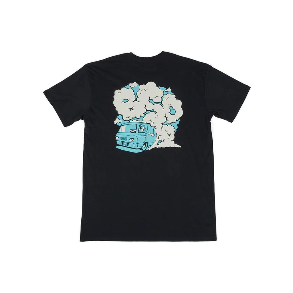 The BSD Burnout T-Shirt is a lightweight cotton tee with a striking design of a blue van emitting smoke on the back, ideal for BSD fans seeking both style and comfort.