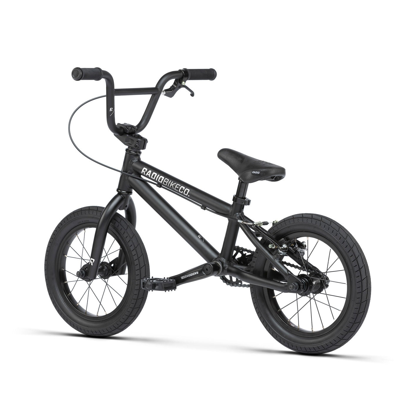 A black Radio Dice 14 Inch Bike designed for kids, featuring a sturdy frame, training wheels, and "Radio Bike Co" branding. Crafted from lightweight 6061-T6 alloy for durability and ease of use.