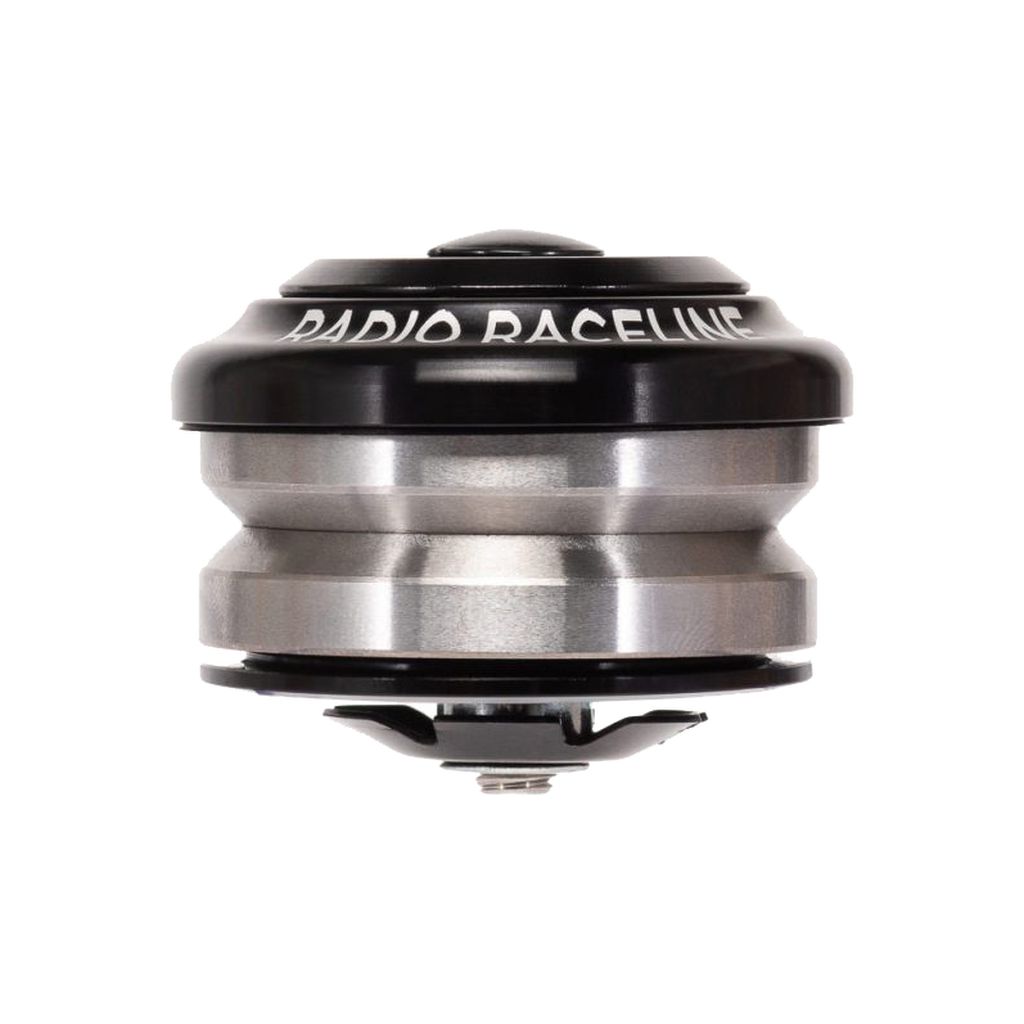 Black and silver Radio Raceline 1-1/8 Inch Integrated Headset, featuring high-precision bearings and a CNC machined top cap, isolated on a white background.