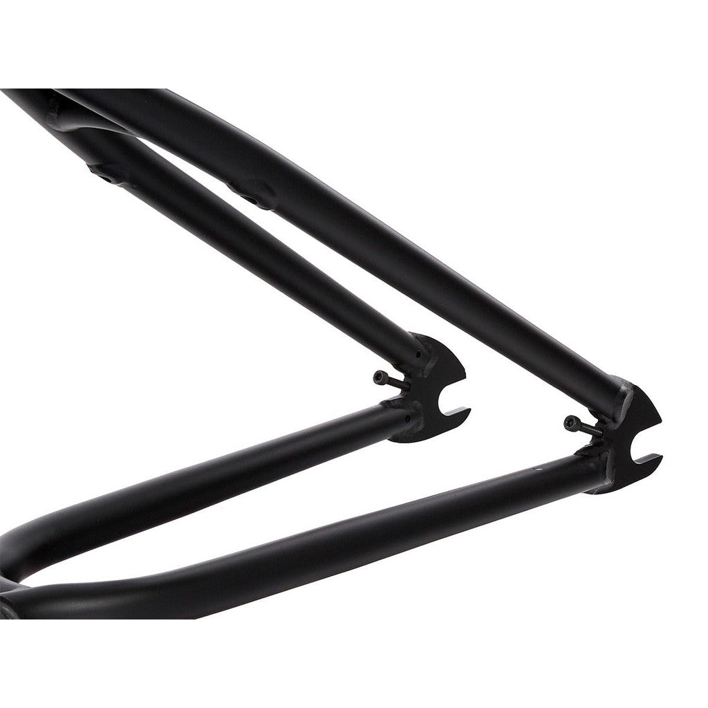 Close-up of a black Fit Bike Co Shortcut Frame's rear triangle, highlighting the dropout area for the rear wheel. The frame features a minimalist design and smooth welds, perfect for tech riders seeking a responsive frame.