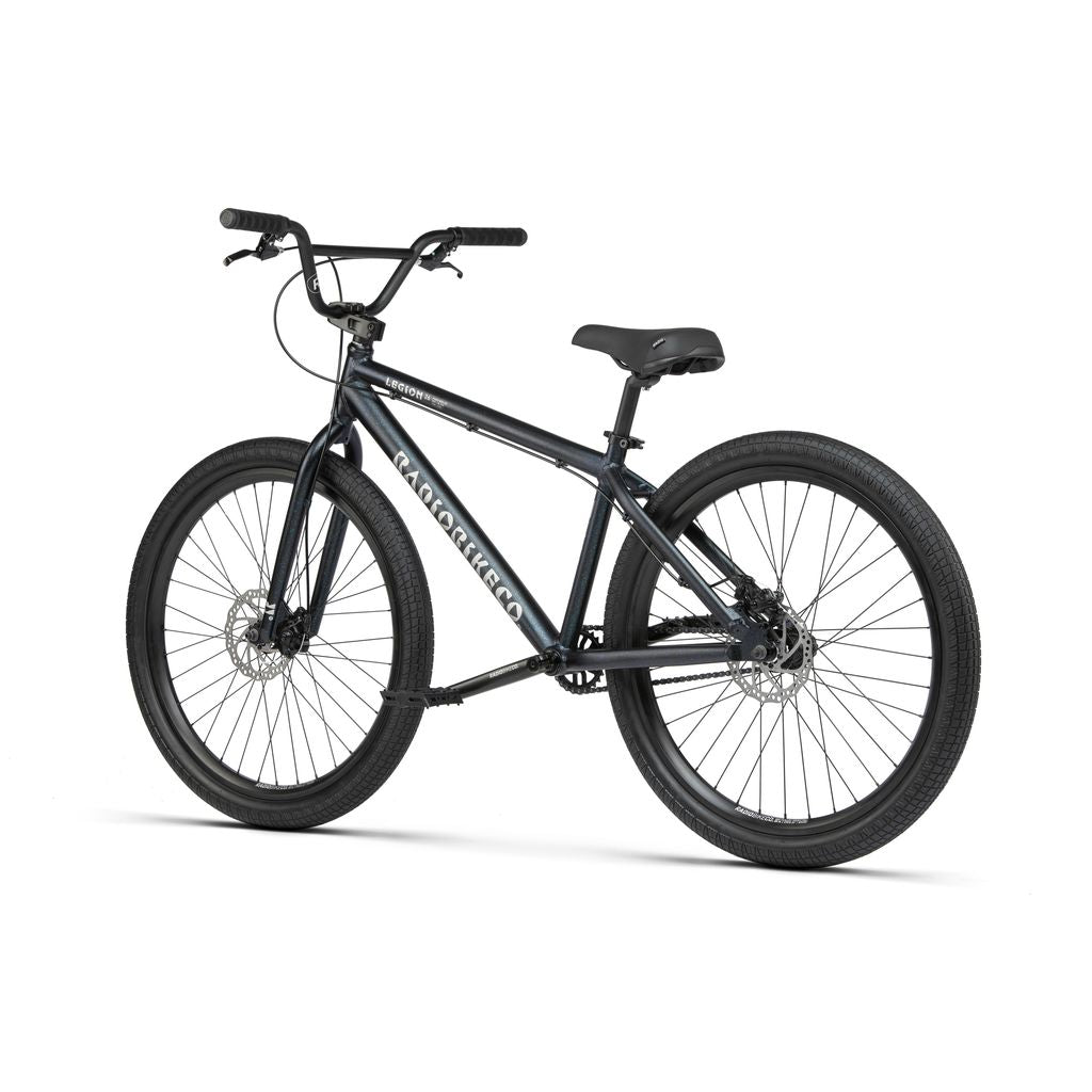 A Radio 26 Inch Legion Bike in black, equipped with thick tires, a padded seat, a straight handlebar, and a durable 6061-T6 alloy frame.