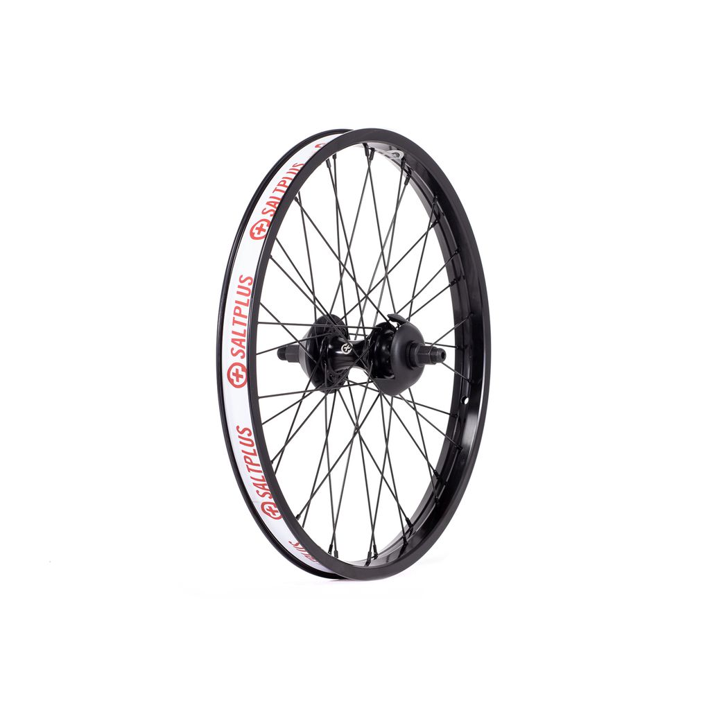 A black Saltplus Summit 18" cassette rear wheel with spokes, notable for its striking red "SaltPlus Summit" branding on the rim.