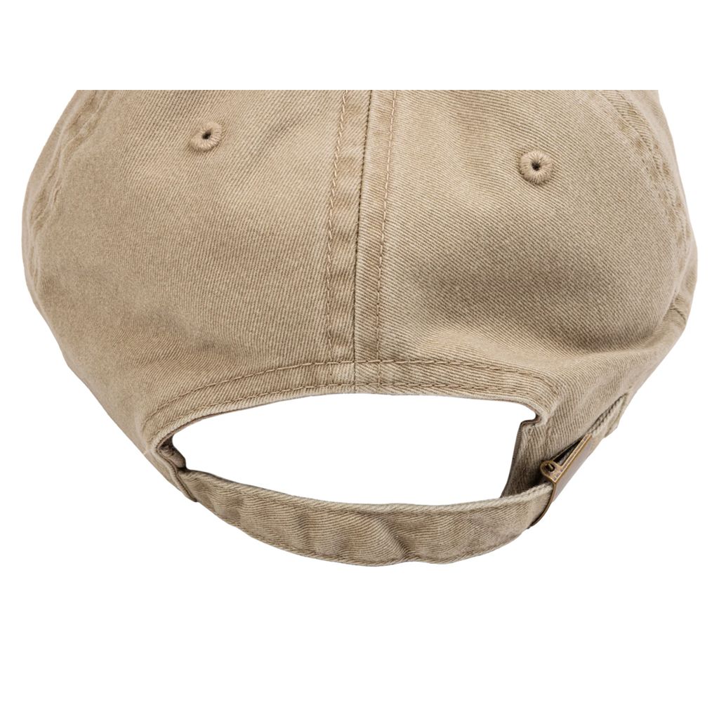 Close-up view of the Sunday Dad Badge Cap's back, showcasing its classic 6-panel design with an adjustable strap and metal buckle in beige.