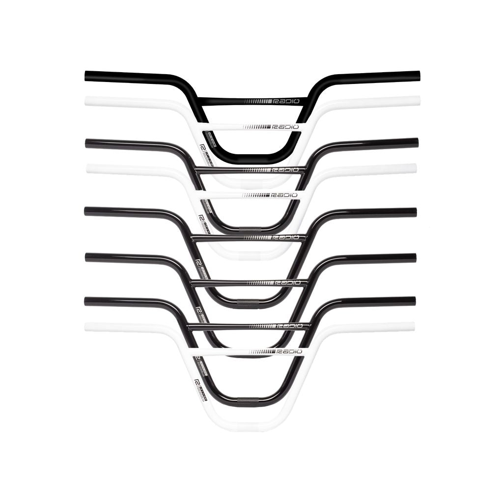 A gradient display of black and white Radio Raceline Neon Pro Handlebars arranged in a vertical stack, alternating between each color.