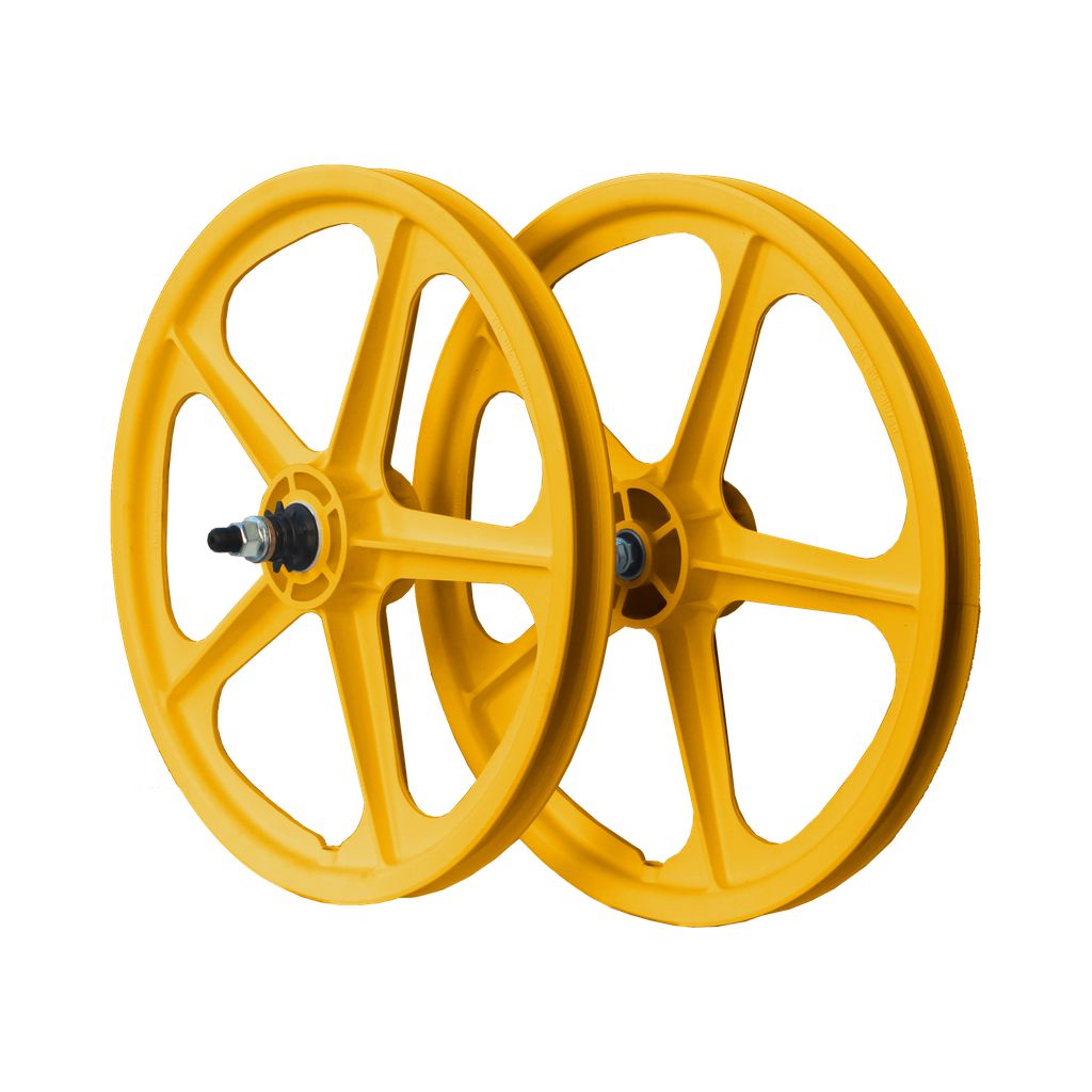 The Skyway Tuff II Cassette Wheelset features two large, yellow wheels with spoked designs and central metal hubs set against a solid yellow background.