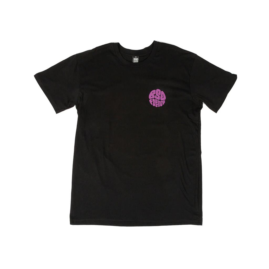 The BSD Psyched Out T-Shirt is black with "BSD Forever" in purple text on the front left side, offering a laid-back and vibrant Florida vibe.