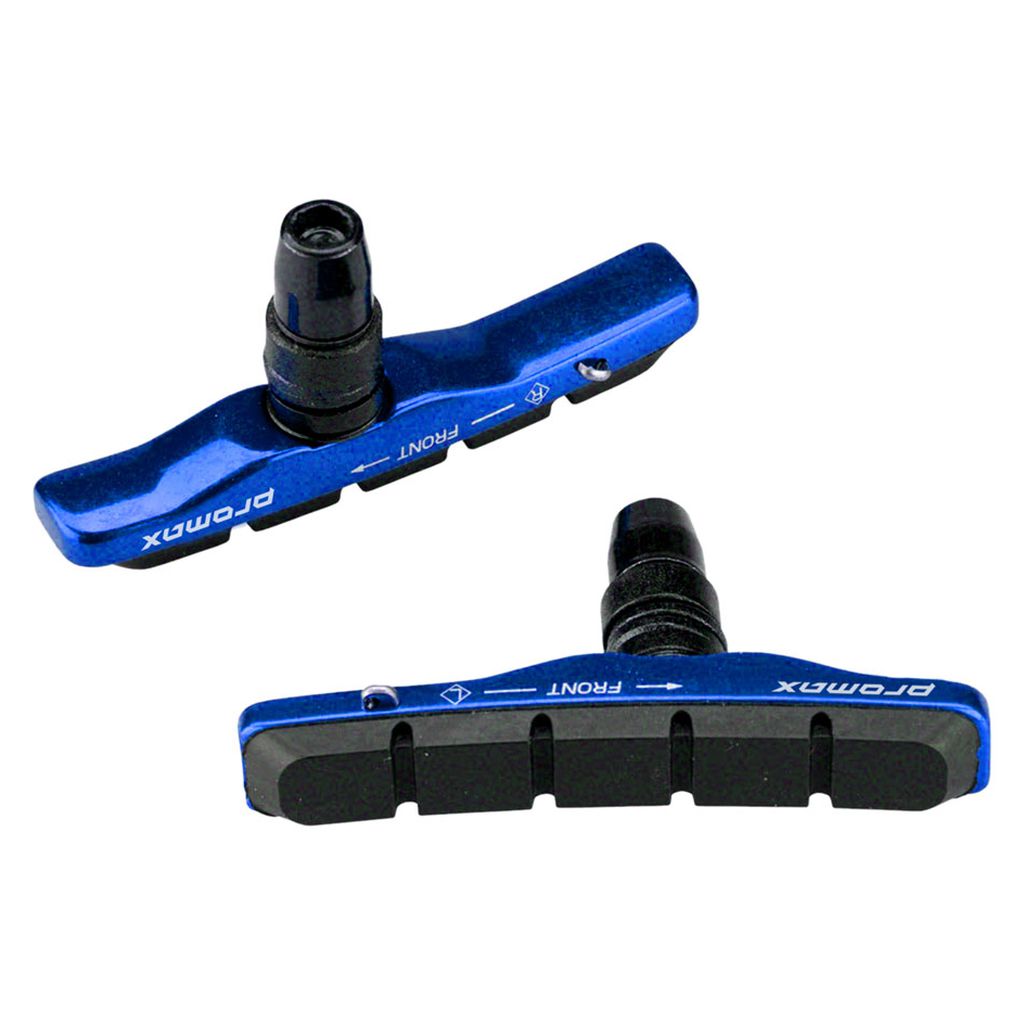 Two blue Promax B-1 Cartridge Brake Pads, featuring black rubber surfaces and distinct "PROMAX" branding, displayed from multiple angles.