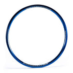 The Answer Pinnacle Mini Rim (451 - 20x1-1/8) is a blue BMX rim showcasing white text along the outer edge, crafted with double-wall construction for enhanced durability, displayed on a plain white background.