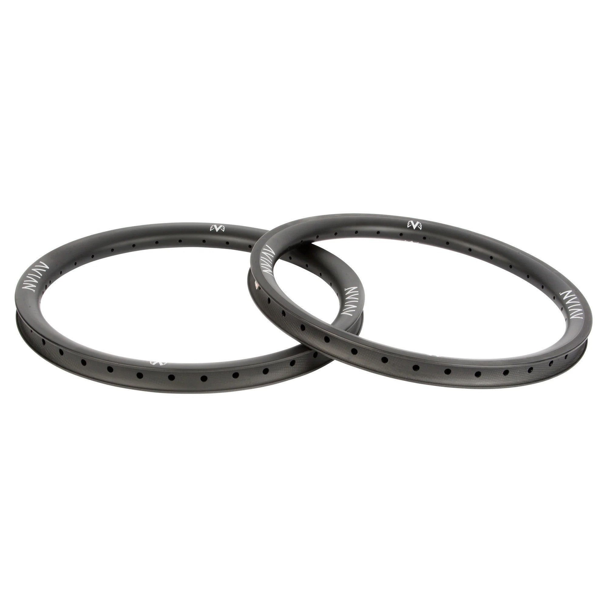 Sentence with product name: Two Avian Venatic Carbon Rim 20x1.75 (Braked) rings on a white background, high quality and low profile.