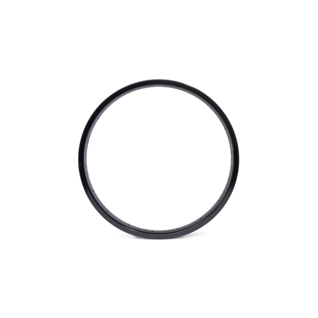 The Salt Mesa 18 Inch Rim, a sleek circular black ring with a thin profile, crafted from durable 6061-T6 alloy, stands out against a pristine white background.