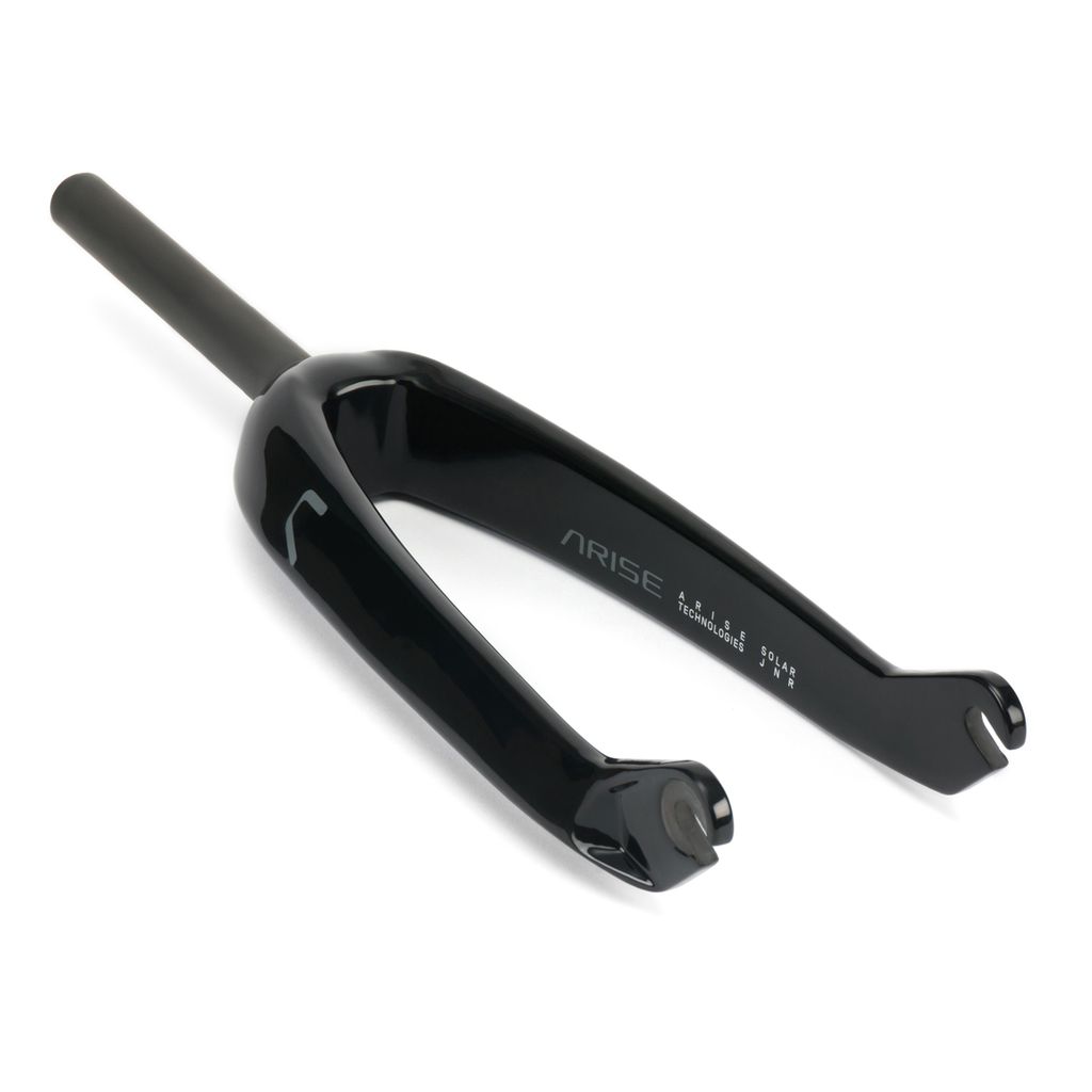 The Arise Solar Carbon Forks for juniors feature a sleek black design with "ARISE" text on the side, crafted from Torayca Carbon Fiber. Against a white background, this lightweight fork integrates advanced BMX race technology for improved performance.