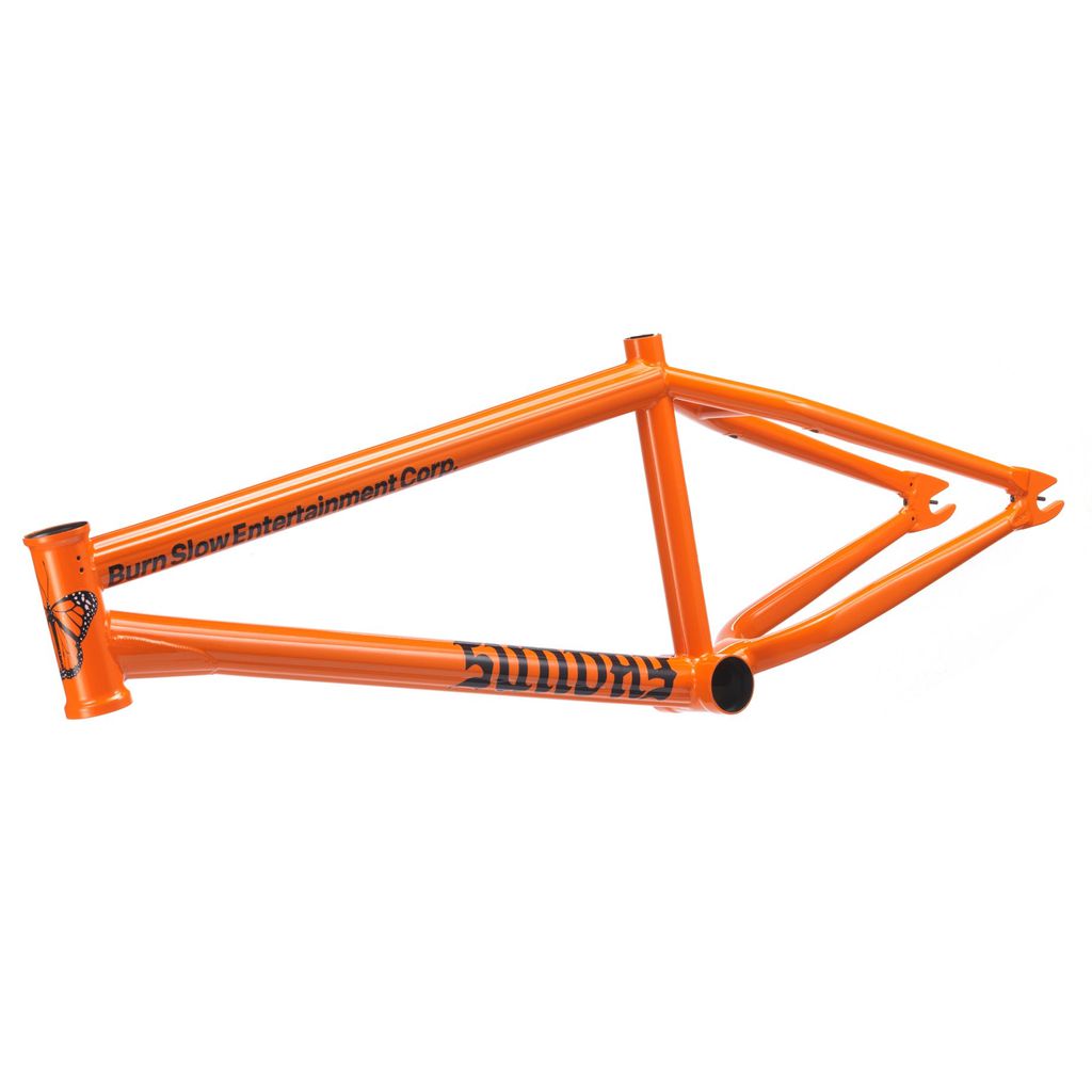 Sunday Soundwave V3 Frame in orange, featuring "Burn Slow Entertainment Corp" text on the top tube and "BURN" on the down tube.