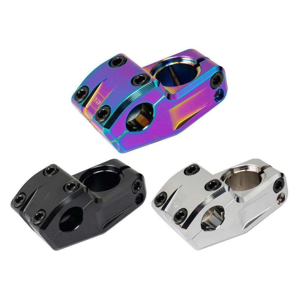 Explore the Wethepeople Kira (Keiryo Kudo) Top Load Stem in metallic iridescent, black, and silver. With a Shark Tooth Clamping mechanism for secure grip and multiple bolt holes, it’s perfect for stylish Flatland setups.