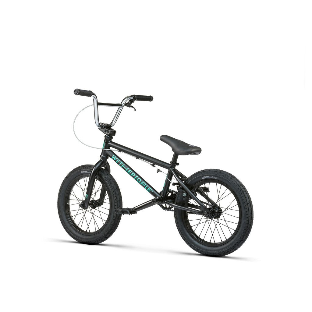 The Wethepeople Seed 16 Inch Bike, with its sleek black BMX design, thick tires, and white front brake cable adorned with the "WeThePeople" logo, is perfect for adventurous young riders.