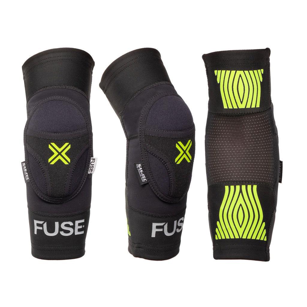 A set of three Fuse Omega black knee guards with neon green accents is displayed, highlighting the breathable design and SAS-TEC insert padding from various angles. The "FUSE" brand name is prominently visible on each guard.