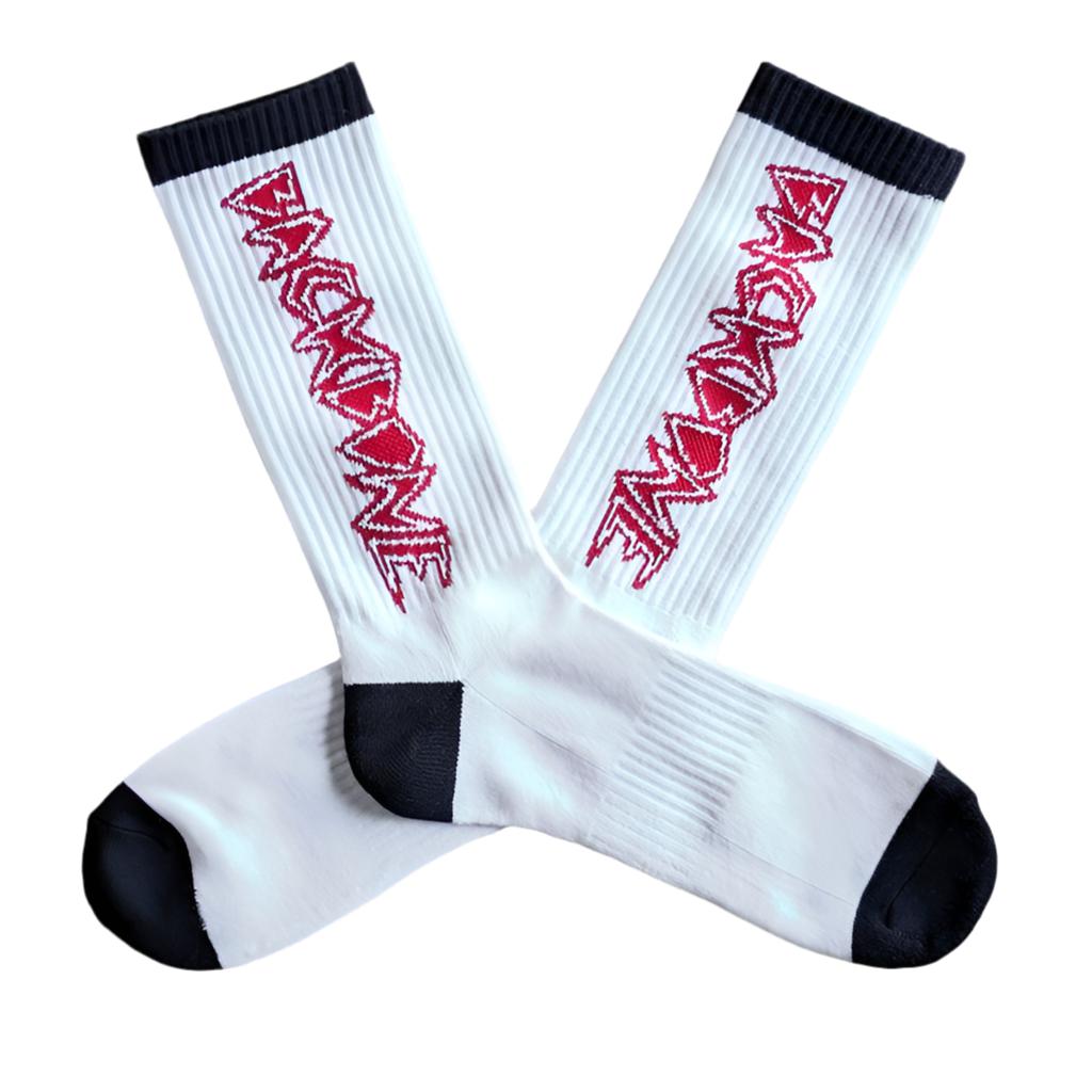 The Backbone Crew Socks are buttery soft and come in white with black toes and cuffs. They feature the word "BACKBONE" in red, angled text along the sides. These socks are one size fits most for a comfortable fit all around.