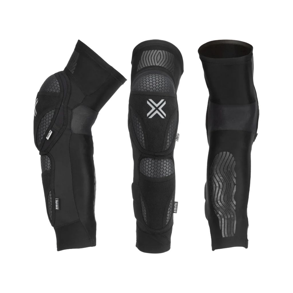 Three black protective elbow sleeves with reinforced padding and branding, shown from different angles, resemble the robust features of Fuse Omega 75 Elite Knee/Shin Combo Pads (Pair).