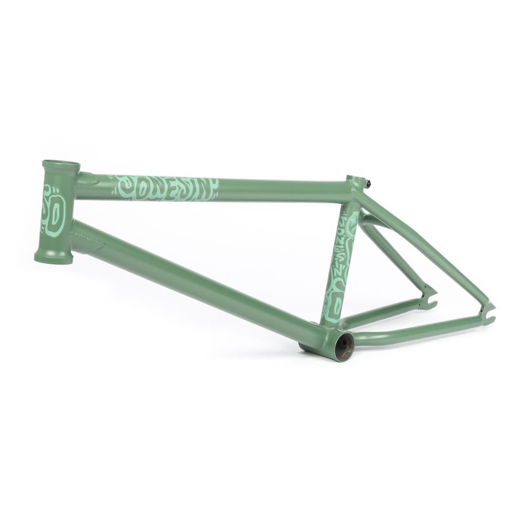 The BSD Jonesin Frame (2021) in vibrant green, featuring modern street geometry with elegant white markings, is stunningly displayed against a pristine white background.