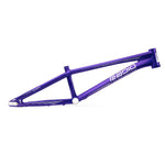 The Radio Raceline Quartz 2025 Pro XL Frame, angled to the right on a white backdrop, is a purple BMX race frame featuring "Rapid" and "Quartz" logos and includes a Sliding Dropout Disc System for enhanced performance.