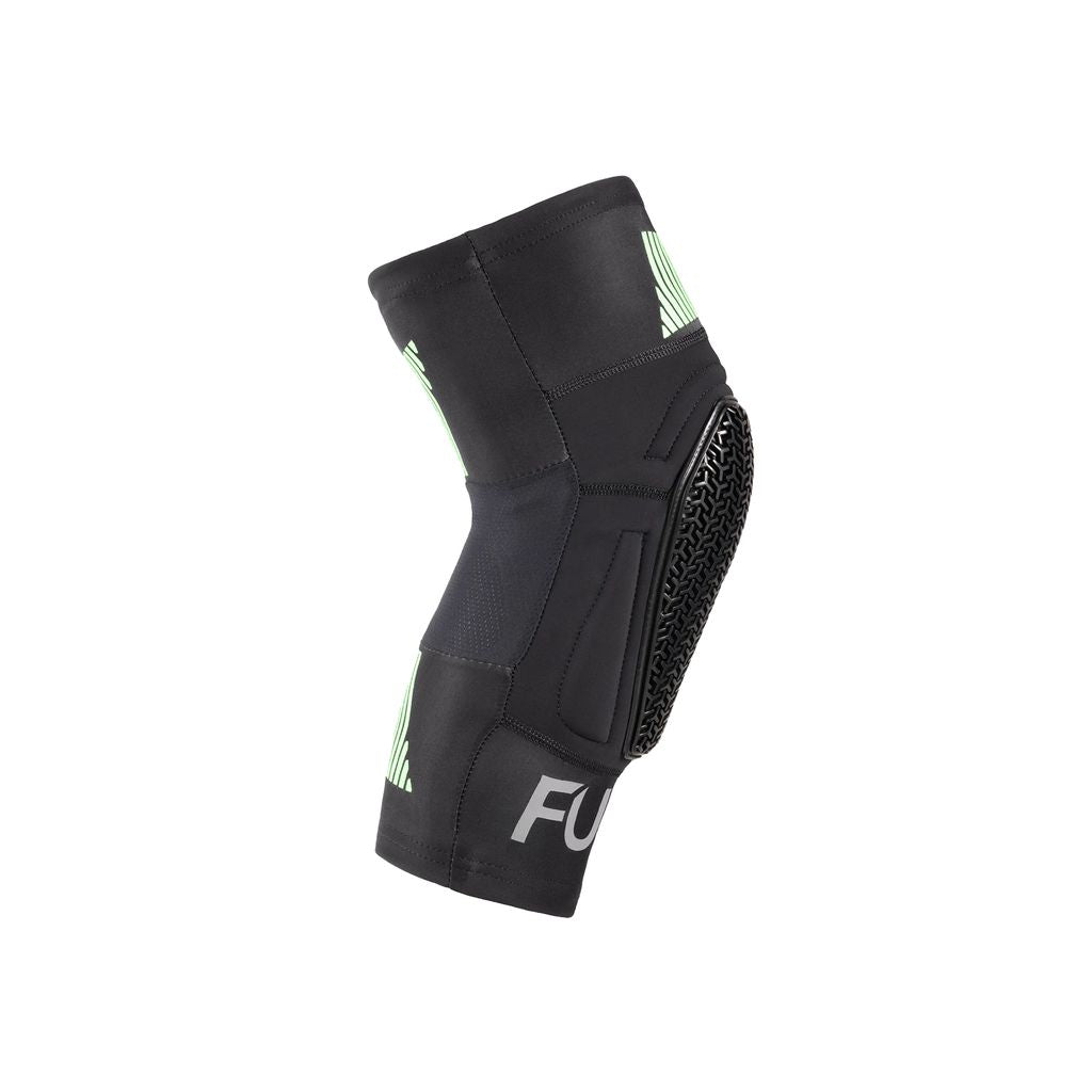 The Fuse Omega Pocket Knee Pads (Pair) are ultra-light SAS-TEC black protective knee pads featuring green accents and a textured section on one side, making them ideal for sports or physical activities. Their travel-friendly design ensures convenience and comfort on the go.