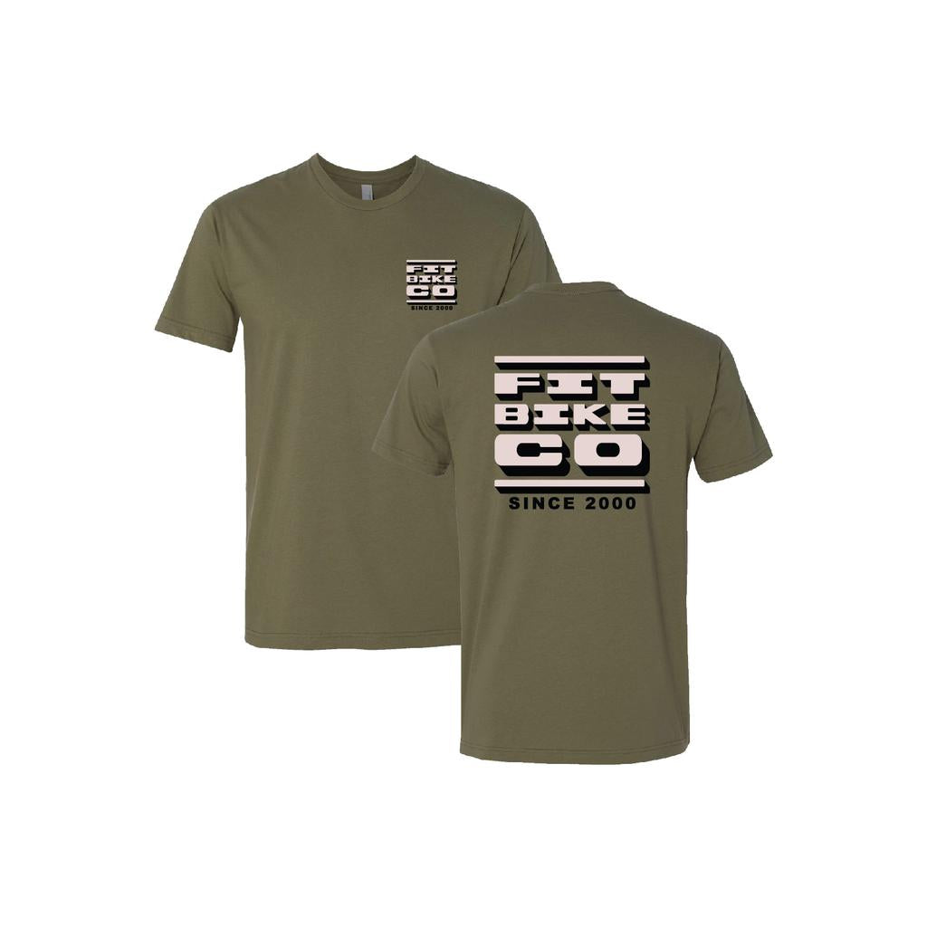 The Fit Bike Co Y2K T-Shirt in olive green is made from 100% combed cotton for a comfortable, regular fit. It features "FIT BIKE CO" and "SINCE 2000" on the back and a small chest logo. Its mid-weight design makes it ideal for casual outings.