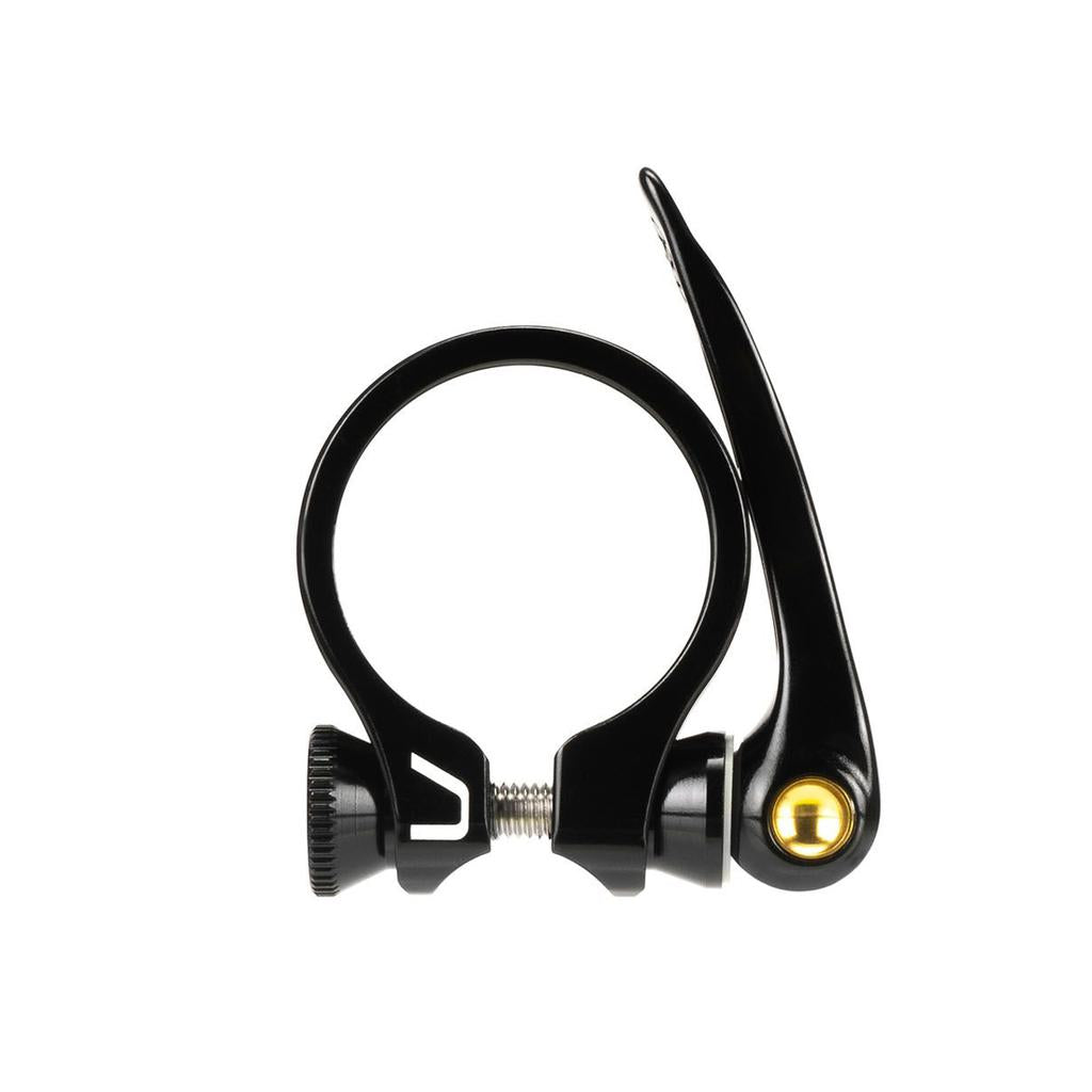 The Arise Ozon Seat Post Clamp is a black CNC-machined quick-release seat clamp with a lever and gold accent, available in 25.4mm or 31.8mm sizes—ideal for BMX race bikes.