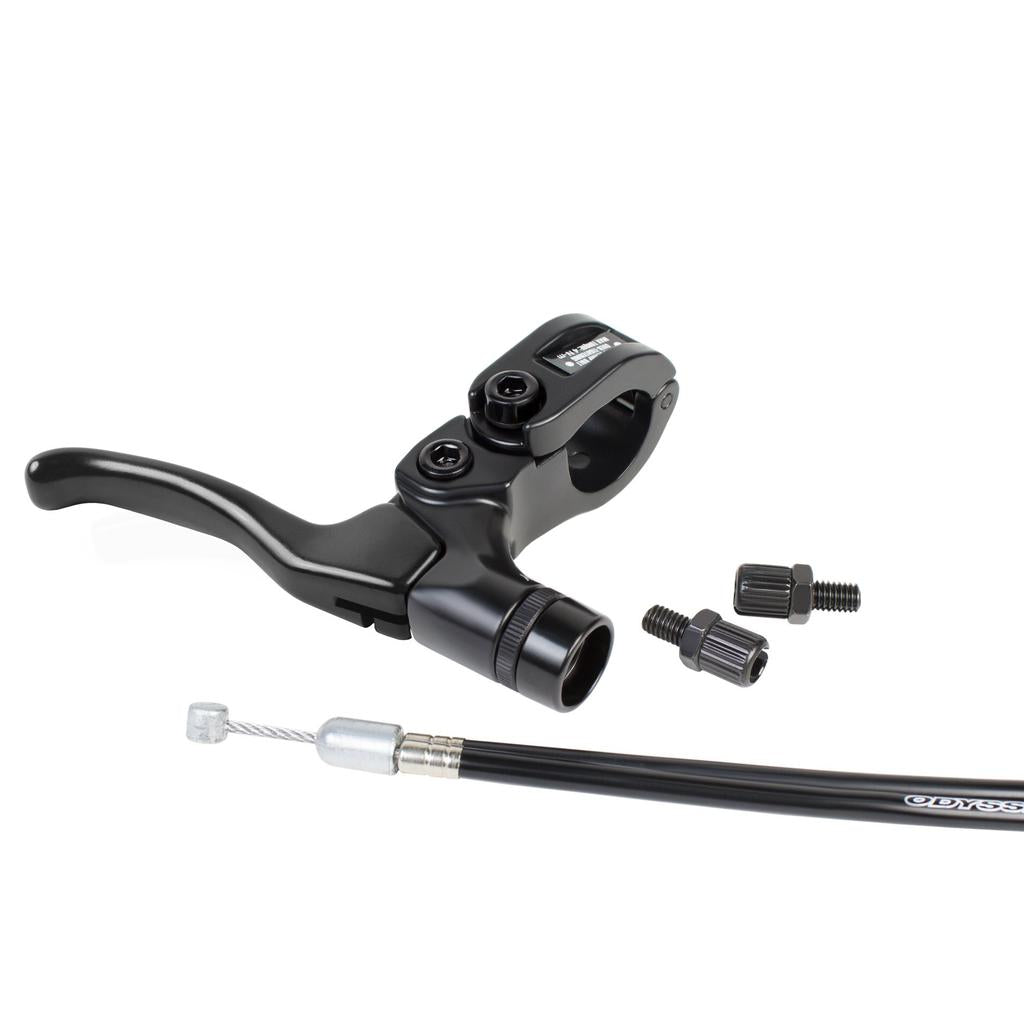 Odyssey M2 Monolever Lever Kit: Black BMX brake lever featuring a cable and two small adjustment screws for enhanced braking power, shown on a white background.