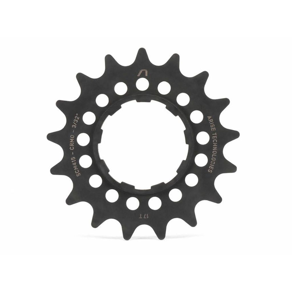 A black, circular CNC machined Chromoly Arise Echo Cog with 14 teeth and evenly spaced holes features engraved Shimano HyperGlide specs.