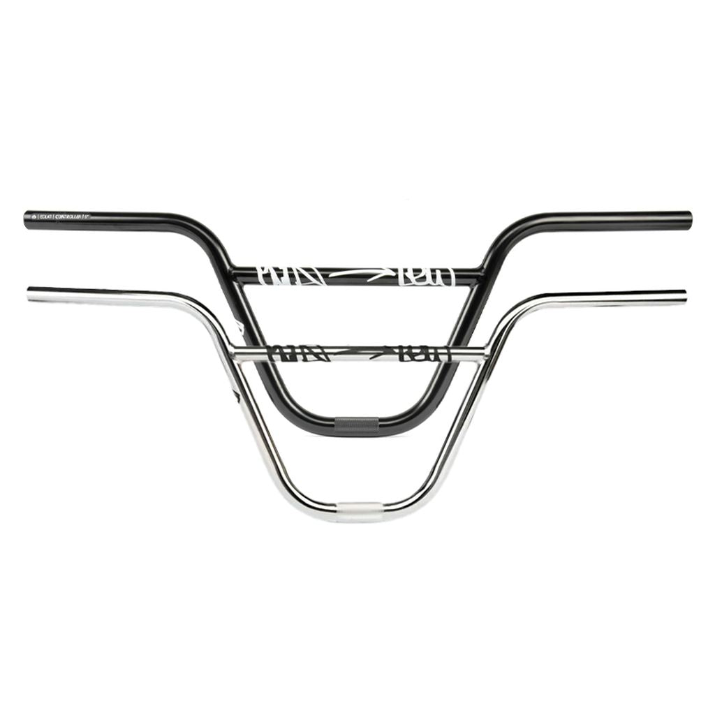 Three bicycle handlebars stacked horizontally: the top is a sleek black BMX handlebar, the middle features silver with Eclat Controller V2 Handlebars branding, and the bottom boasts a chrome finish.