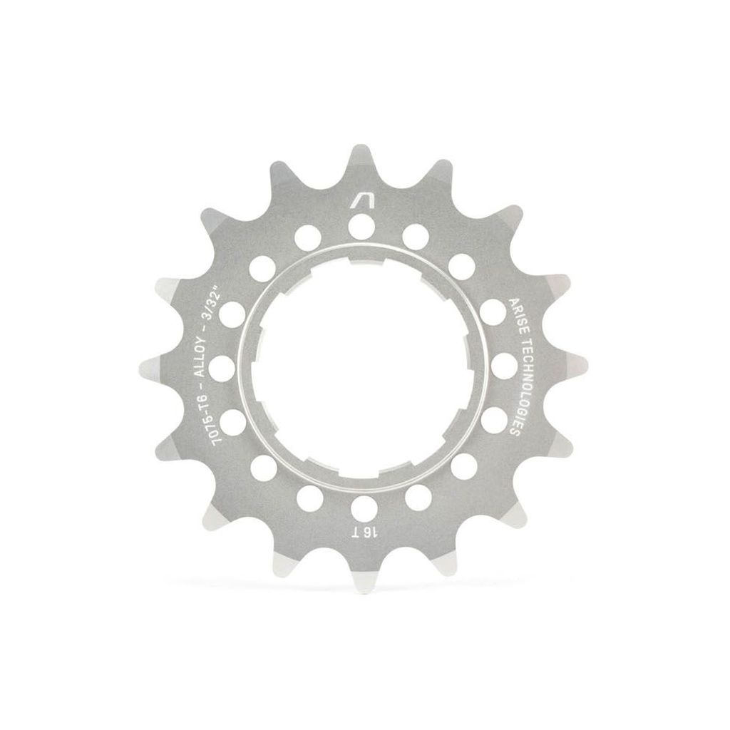 The Arise Echo Cog (Alloy) is a CNC machined metallic bicycle sprocket with 16 teeth, crafted from durable 7075-T6 Aluminium, showcasing its brand name and specifications.