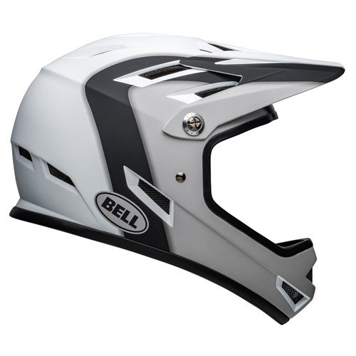 A full-face helmet designed for off-road or motocross use, the Bell Sanction Matte Black/White Presence Helmet features a striking matte black and white design with the "Bell Sanction" logo on the side, making it an ideal choice as a BMX race helmet.