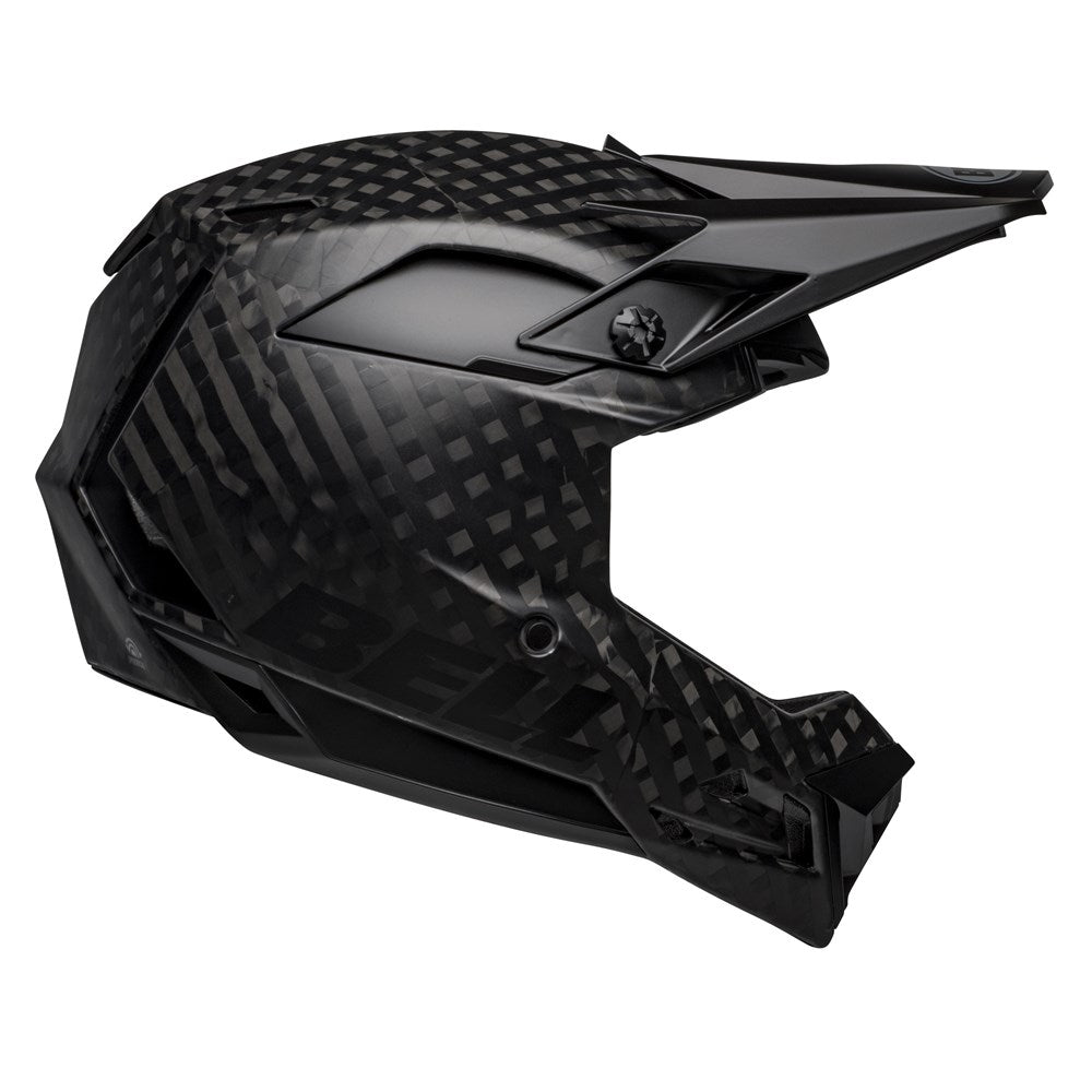 A Bell Full-10 SPHR MIPS Matte Black full-face motorcycle helmet with a visor and checkered pattern design, featuring advanced helmet safety technology.