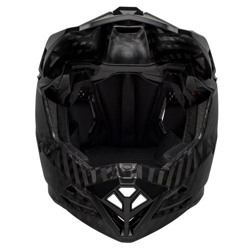 A black motorcycle helmet with a carbon shell, featuring a ventilated design and padded interior, viewed from the front. This Bell Full-10 SPHR MIPS Matte Black helmet incorporates advanced helmet safety technology for optimal protection.