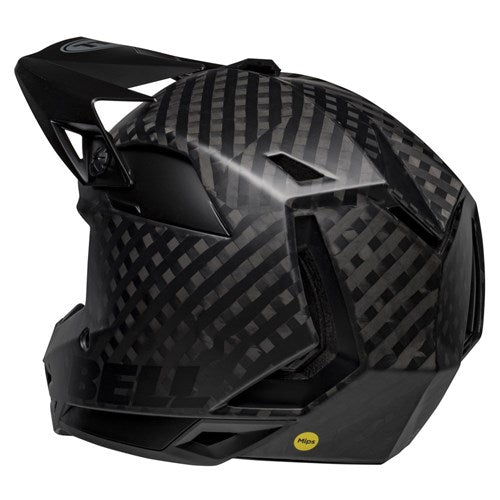 This black and grey patterned full-face bicycle helmet features a visor, multiple ventilation openings, and advanced helmet safety technology. Ideal for BMX race helmets enthusiasts, the Bell Full-10 SPHR MIPS Matte Black design ensures top-tier protection.