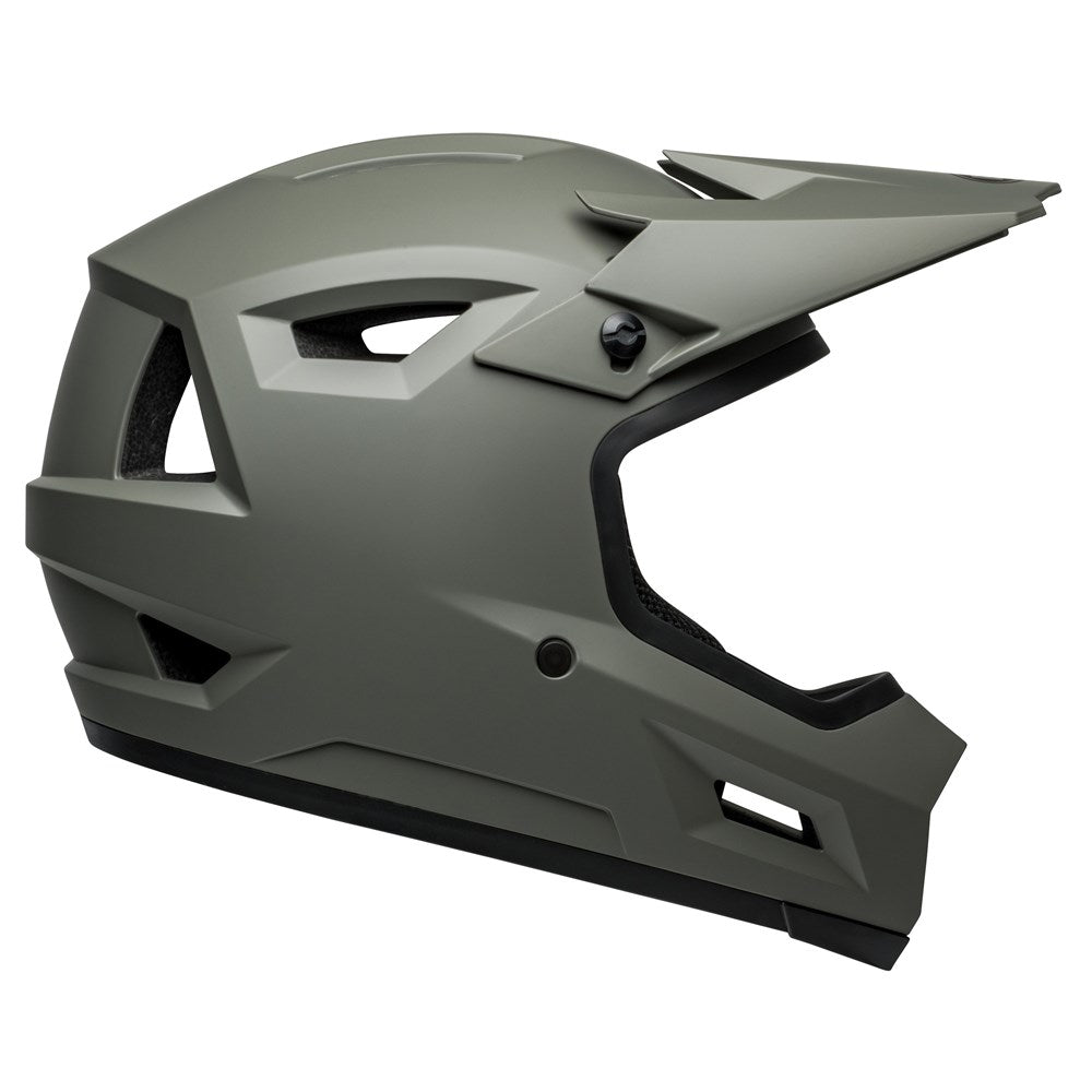 Side view of a Bell Sanction 2 Matte Dark Grey helmet, an entry-level full-face mountain biking helmet featuring angular air vents and a visor for optimized airflow.
