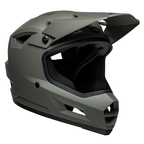 The Bell Sanction 2 Matte Dark Grey helmet is a dark green, full-face helmet with a visor, designed for off-road or motocross use. With optimal airflow from its ventilation openings and a padded interior for safety and comfort, it’s an excellent entry-level helmet.