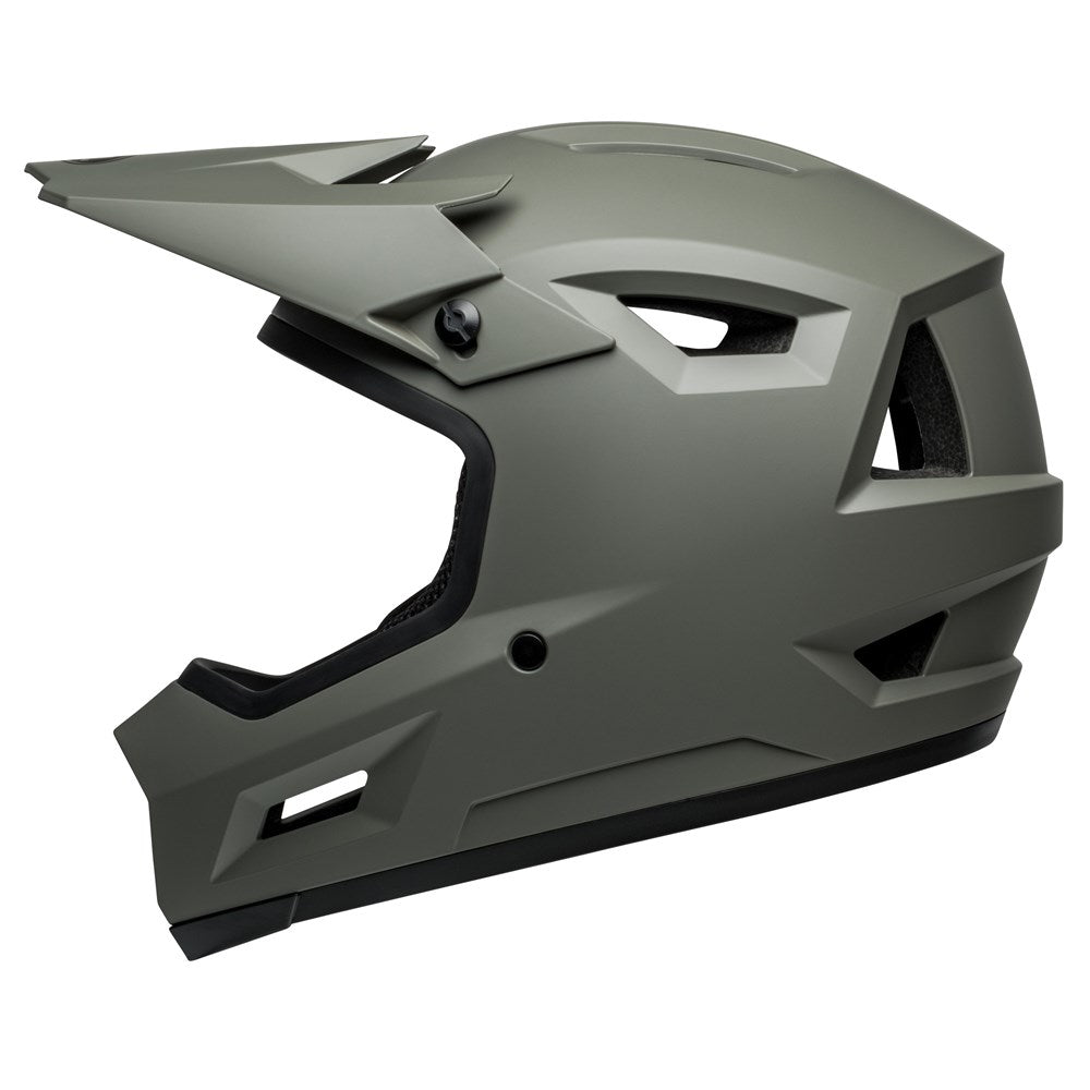 Side view of a Bell Sanction 2 Matte Dark Grey helmet, an entry-level full-face helmet with a visor and multiple ventilation openings, including 14 vents for optimal airflow.