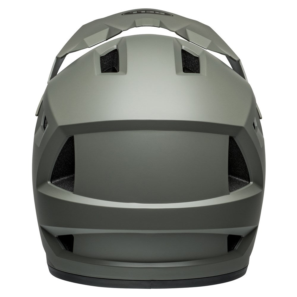 Front view of a green Bell Sanction 2 Matte Dark Grey, an entry-level bike helmet with multiple ventilation openings and a chin guard for optimal airflow.