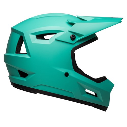 A side view of the Bell Sanction 2 Matte Turquoise helmet, featuring angular vents, a visor, and removable cheek pads, ensures excellent airflow.